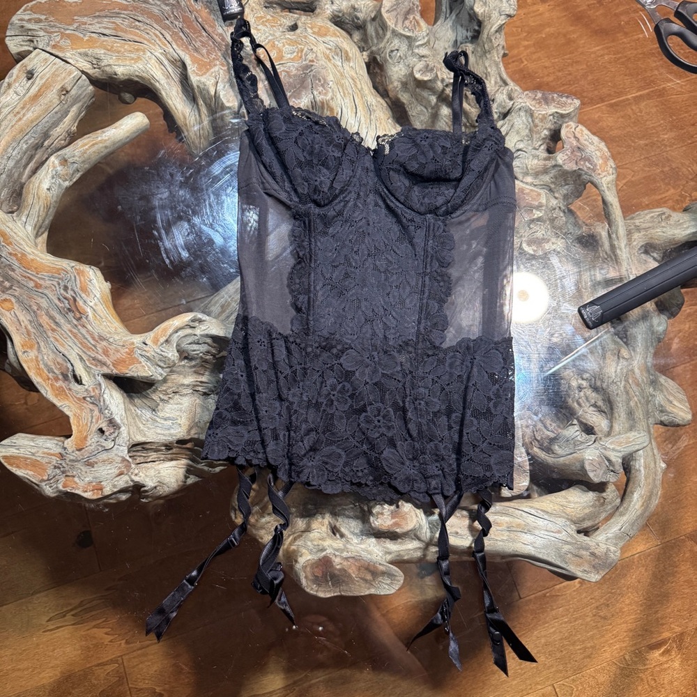 Black Lace Balconette Corset Bra with Garter Straps